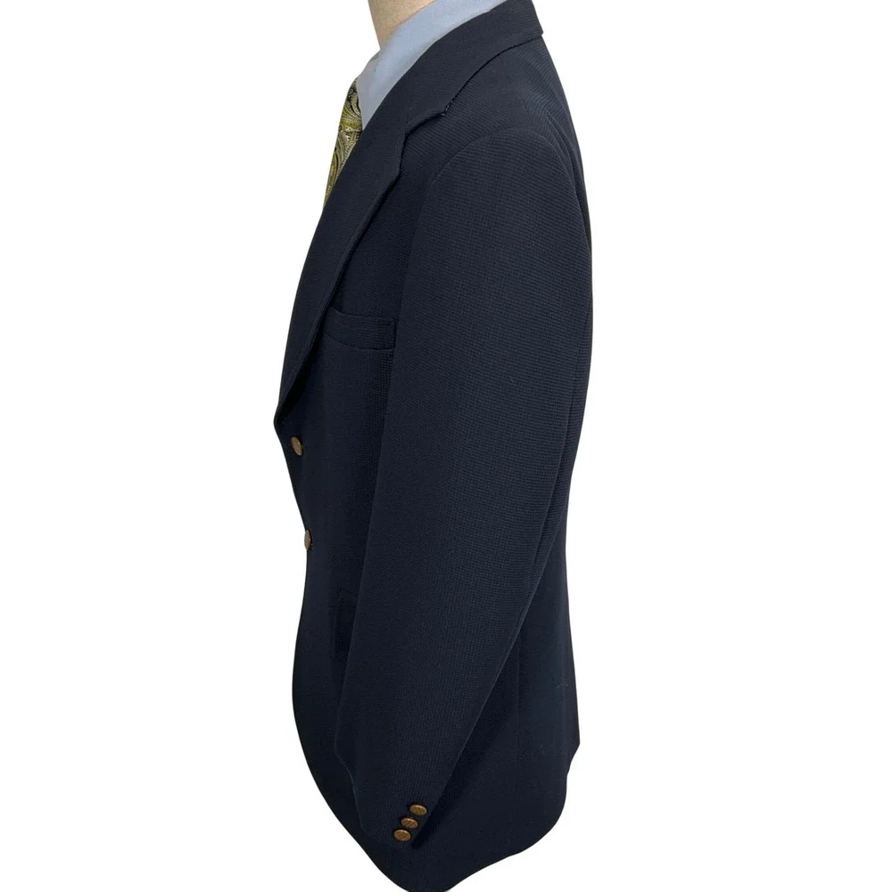 JCPenney Blazer Mens 38R Blue Gold Button Woven Poly 70s Leisure Suit Jacket VTG